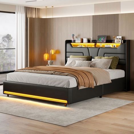 Struttura letto 140x200 con cofano idraulico LED PU nero - rete a doghe, testata con porta di ricarica (1/5)