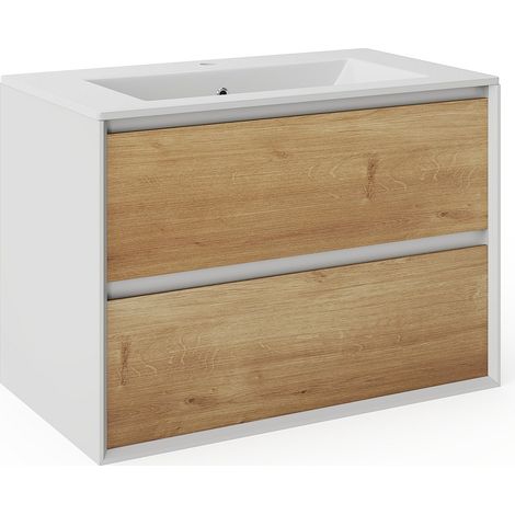 Meuble de salle de bain suspendu avec vasque à encastrer - Coloris naturel clair et blanc - 80 cm - LANNICK
