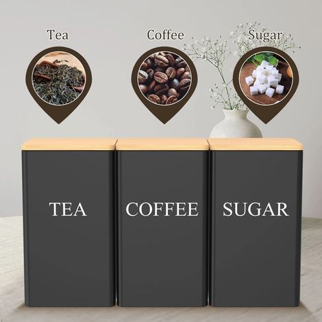 3 x Metal Coffee Tea Sugar Storage Set Airtight Kitchen Canister Jars Pots (1/4)