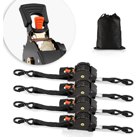 Mophorn Correas de Amarre Retráctiles, 25,4 mm x 4,9 m, Ganchos en S, Capacidad de Carga 700 kg, Bolsa de Transporte Incluida, para Mudanzas, Remolques, Motos, Kayaks y Portaequipajes. Pack de 4 (1/5)