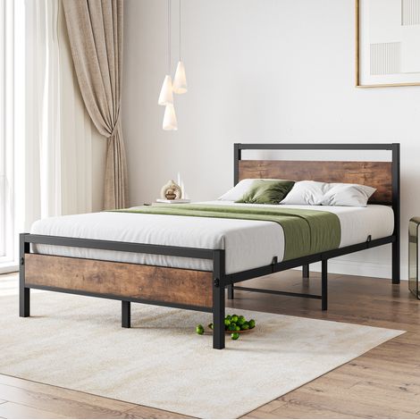 Lit cadre 120x200 cm en métal et bois marron antique, avec rangement pour chambre FloraGrace (1/5)