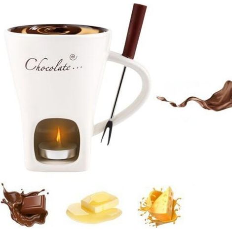 Tasse à fondue au chocolat, tasse à fondue au chocolat, tasse à fondue au fromage, tasse à fondue sucrée en céramique avec fourchette, adaptée au fromage et aux bonbons (blanc) (1/3)