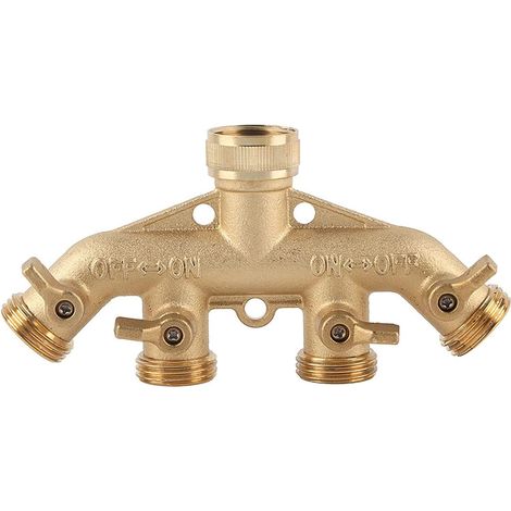 Raccord de tuyau d'arrosage en laiton durable à 4 voies avec adaptateur, vanne à bille et connecteur de robinet.