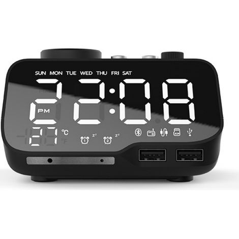 Bluetooth-Wecker mit Lautsprecher fürs Schlafzimmer, multifunktionaler Bluetooth-Lautsprecher für den Nachttisch, kabelloser Radiowecker (Schwarz)