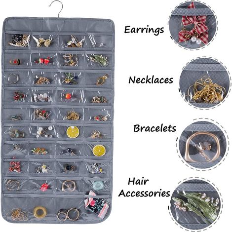 80 grille sac de rangement non-tissé double face bijoux sac suspendu porte armoire sac de rangement collier bijoux anti-poussière boîte de rangement 4387cm gris 1 pièce