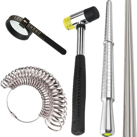 Juego de herramientas para dimensionar anillos, 5 uds., medidor de anillos, martillo de goma para joyería, varilla de ajuste de mandril de anillo de Metal, tiras de plástico para fabricación de joyas (1/4)