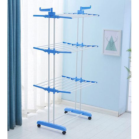 SKECTEN Séchoir Tour d'Intérieur, Étendoir à Linge avec Roulettes Pliable 3 Couches + 2 Ailes Latérales en Acier Inoxydable Étagère pour Séchage de Vêtements avec 4 Roues Bleu Blanc