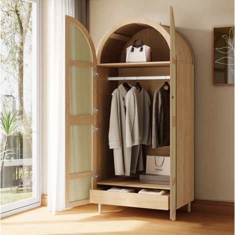 Armoire penderie 80x50x179 cm en bois, coloris naturel, avec rangement pour chambre FloraGrace (1/5)