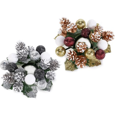 Piccole ghirlande decorative con pigne innevate e bacche glitterate oro e argento, set da 10 pezzi, Ø 11,5 cm