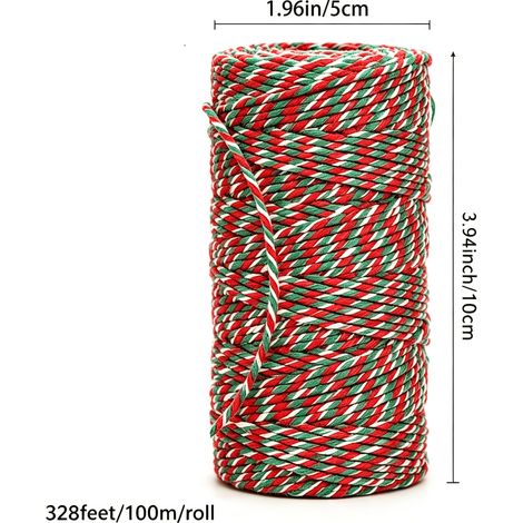 Corde pour emballage cadeau de Noël - 100 m - Ruban de jute - 2 mm - Fil rouge, vert et blanc - Idéale pour emballer les cadeaux (1/4)