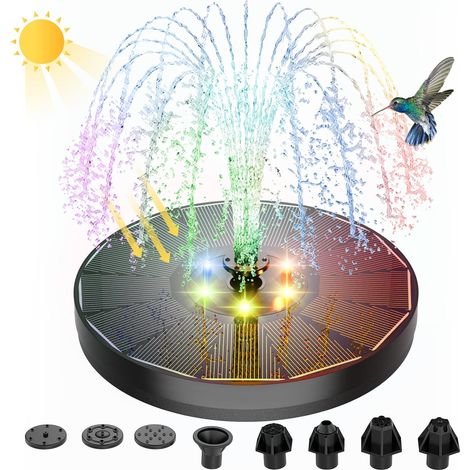 Pompe de fontaine solaire 4W avec lumières LED, 8 buses et 4 supports - Fontaine à oiseaux avec panneau en verre amélioré pour jardin, petit bassin, extérieur