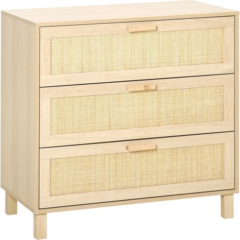 Commode cannage rotin 3 tiroirs MDF aspect bois clair 80x40x80 cm