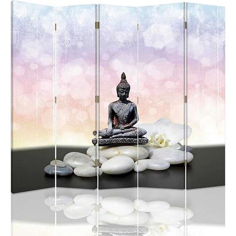 Paravent Buddha Zen 5 Panneaux pour Intérieur Apaisant - 180 x 180 cm - 1 face déco, 1 face noir