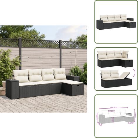 The Living Store Salon de jardin 5 pcs avec coussins noir résine tressée - Salon De Jardin - Mobilier De Jardin - Salon Extérieur - Set De Salon - Chaise Longue