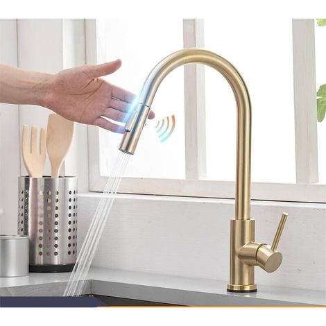 Robinets de cuisine à capteur tactile en or brossé, robinet mitigeur tactile inductif sensible, poignée unique, double sortie d'eau