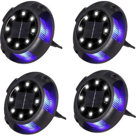 Lot de 4 Bornes Solaires Encastrées Extérieur - 8 LEDs Blanc + 4 LEDs Bleu - Étanches - pour Allée, Aire de Stationnement, Paysage, Jardin, Terrasse, Pelouse, Cour