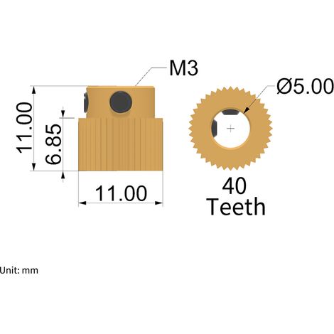 Roue d'extrusion en laiton à 40 dents, diamètre intérieur de 5 mm, 1 pièce par paquet