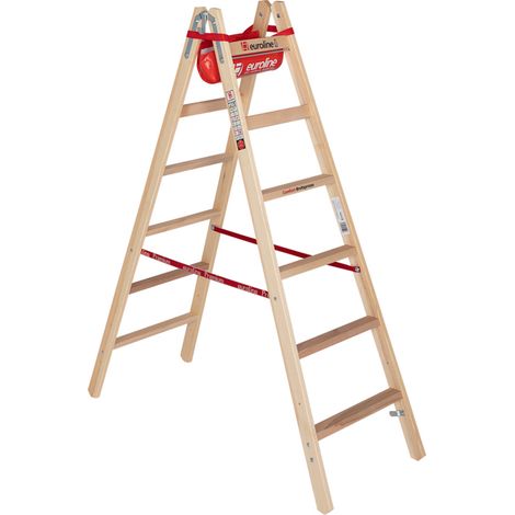 Euroline Holz Sprossenstehleiter mit Comfort-Breitsprossen, Eimerhaken und Werkzeugablagetasche 2x6 Sprossen