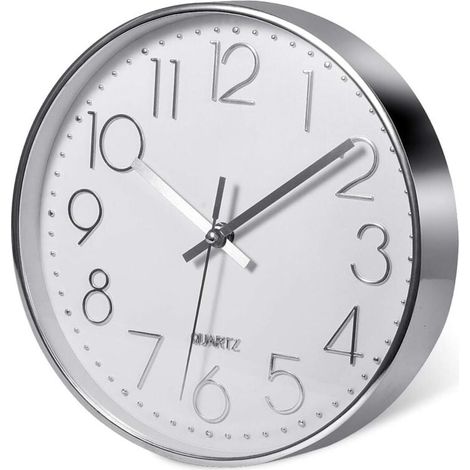 Reloj de pared plateado de primera calidad (20 cm/12'', plateado), decoración de pared, moderno y silencioso, ideal para cocina, hogar y oficina. (1/4)