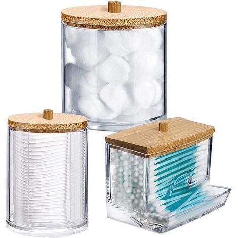 Sollbry 3 Pièces Distributeur de Coton Support de Coton Boite à Coton tige en Acrylique Organisateur Stockage de Coton avec Couvercles en Bambou (1/5)