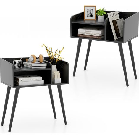 Set di 2 Comodini in stile moderno semplice ma pratico, Tavolini a 2 piani con mensole aperte Nero (1/5)