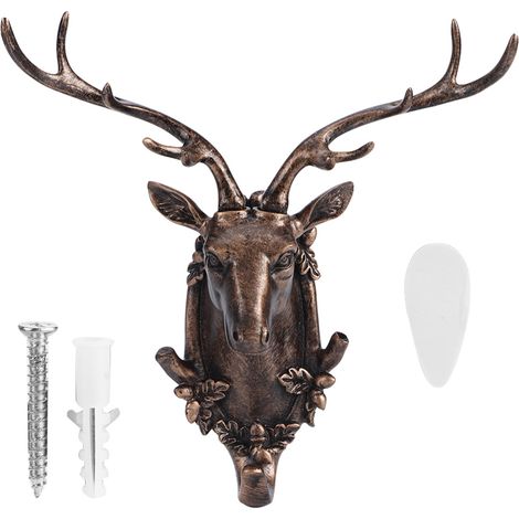 Perchero de pared con forma de ciervo, decoración animal hecha de resina dorada antigua para el baño. (1/5)