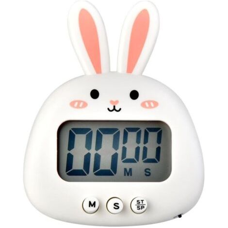 BUNTHAUS Lntyq Joli minuteur de cuisine en forme de lapin - Grand écran - Numérique - Chronomètre magnétique avec horloge, compte à rebours - Mini minuterie de cuisson (sans batterie) - Blanc