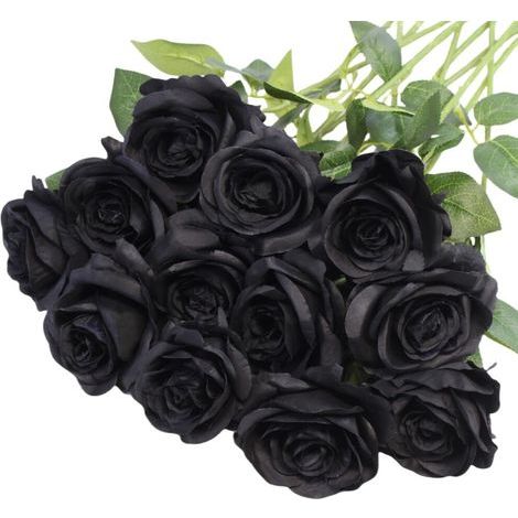 Roses artificielles noires, 12 tiges, roses artificielles en soie à longues tiges — fleurs de centre de table réalistes, adaptées à la décoration intérieure d'Halloween et de style gothique. (1/2)