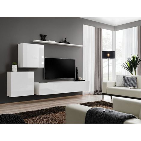 Ensemble meuble TV mural  - Switch V - 250 cm  x 150 cm  x 40 cm - Blanc - Livraison gratuite