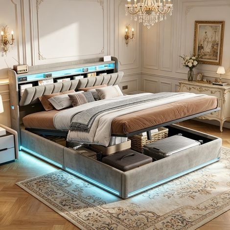 Lit coffre 160x200, Lit 160 x 200 avec sommier, Lit double adulte avec Rangement tête de lit, USB, LED tête/pied/côtés, Velours Gris (1/5)
