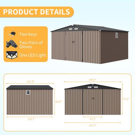 Abri de Jardin 3.,6×3 m, Fenêtres, Lampe Solaire LED, Rangement Métallique Imperméable, Double Portes Verrouillables( Marron) (1/4)