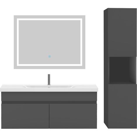 Ocean Ensemble meubles Salle De Bain 100cm simple vasque + colonne + miroir Anthracite