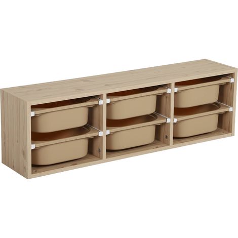 Children storage unit with 6 colourful bins, natural, beige 97.5x21x29.4 cm - Sora