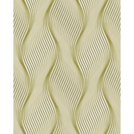 Carta da parati a righe EDEM 85030BR35 Carta da parati in vinile leggermente strutturata con linee ondulate ed accenti metallici verde giallo-olivastro bianco argento 5,33 m2