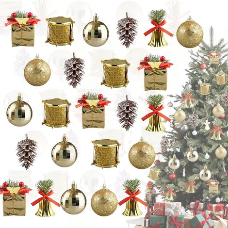 24 Pcs Decoration Sapin Noel Set, Boule de Noel Dorees,Decoration Noel -Pomme de Pin, Tambours Dores, Cloches de Noel, Boites Cadeaux avec Noeuds (1/5)