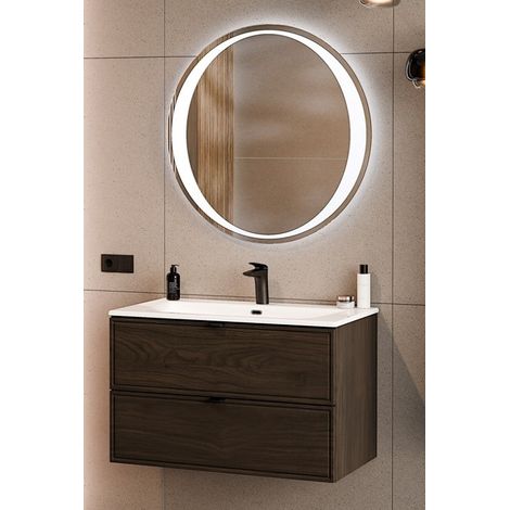 Ensemble Meuble Vasque 80 cm + Vasque encastrée + Miroir LED assorti - L 80 x P 46 x 51,5 cm - Caldera Foncé - Livraison gratuite