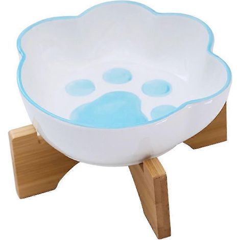 Comedero de cerámica para perros y gatos con soporte de madera antideslizante. Bonito diseño para comida y agua. (1/5)