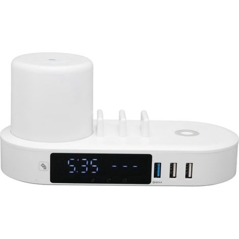 Réveil chargeur sans fil multifonction avec commandes tactiles, veilleuse colorée, 6 ports USB, station de charge rapide, prise britannique 100-240 V. (1/5)