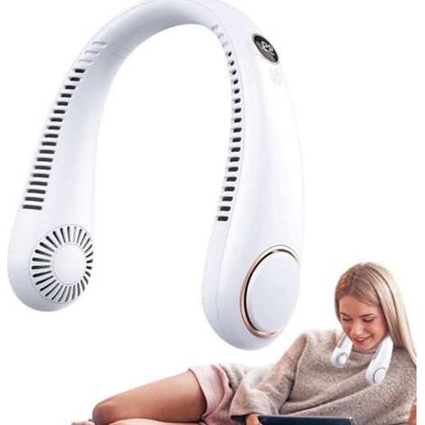 Ventilateur de cou sans pales – Ventilateur portable avec écran – 5 vitesses – Recharge USB – Ventilateur mains libres pour cou et visage – Blanc (1/2)