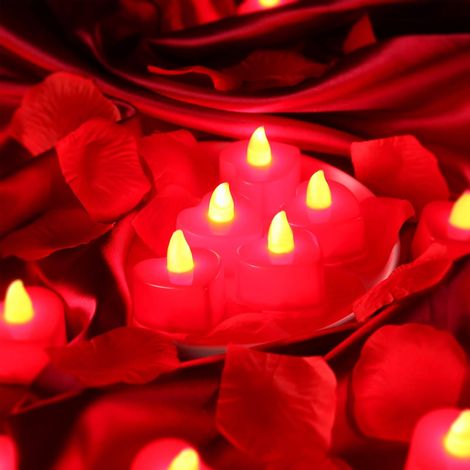 1000 Stück künstliche Rosenblüten mit 24 Stück flammenlose Herz geformt LED Teelichter Kerzen romantische Nacht Dekorationen für Hochzeit Jahrestag Tischdekoration (rot)