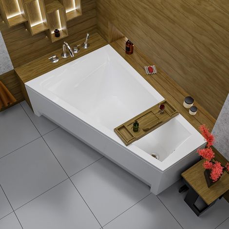 ECOLAM Baignoire trapéze Rita 150x100 cm gauche + tablier Planche en Bambou Vidange automatique Alcaplast + Pieds et silicone (1/5)
