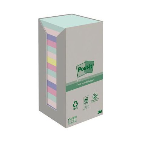 POST-IT Haftnotiz Post-it® Recycling Notes Tower Pastell Rainbow 76 x 76 mm (B x H) je 4 x mintrosa je 3 x hellblau flamingopink 2 x gelb 100 Bl./Block 16 Block/Pack. 16 Block/Pack.