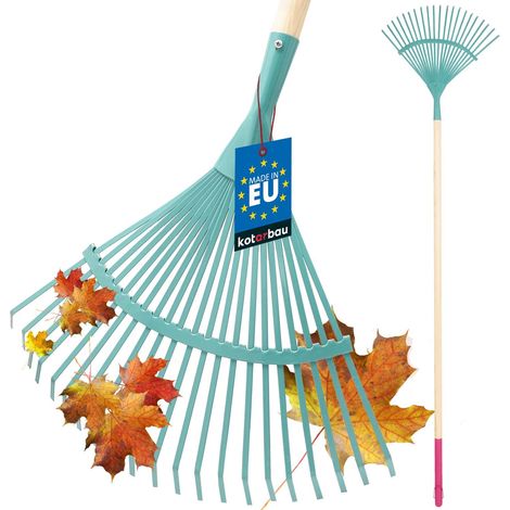 KOTARBAU® Rateau à Feuille - Acier - 41 cm - Râteau Jardin- avec Manche - 187 cm - Ramasse Feuille - Outil Robuste pour Gazon et Feuilles - Turquoise et Bois Naturel (1/5)