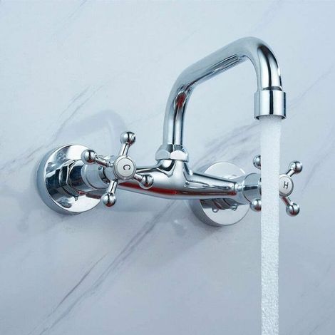 Retro Wall Faucet Wall Mounted Bathroom Faucet Kitchen Sink Mixer Tap Brass Basin Faucet Two Handle Brass Swivel U Spout