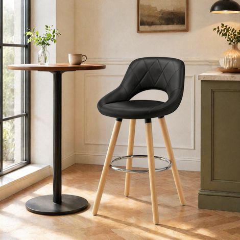 Taburete de bar con respaldo, asiento de polipiel, patas de madera, negro HAVRYA (1/5)