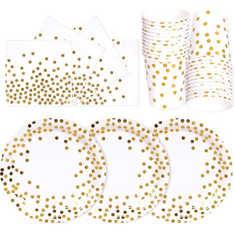 Vaisselle Jetable 72 Pièces - Or Et Blanc - Pour 24 Invités - Anniversaire Et Fête (1/5)
