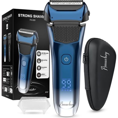 Rasoir Électrique homme avec 3 lames flexibles et étui de voyage, Rasoir Électrique Barbe avec tondeuse de précision, rasoir humide/sec, autonomie de 120 minutes, rechargeable, cadeaux pour hommes (1/5)
