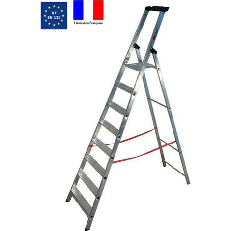 Escalux – Escabeau aluminium 8 marches – Hauteur de travail 3,68 m – Marches antidérapantes 90 mm – Charge max 150 kg – Norme NF EN 131 (1/3)
