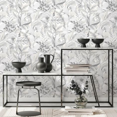 Papier peint feuillage gris moderne chambre adulte | Tapisserie feuillage grise salon | Papier peint feuille intissé idéal bureau (1/4)