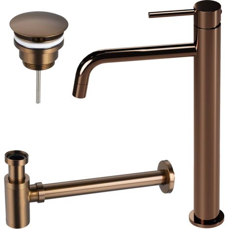 Fortifura Calvi Slim Ensemble de robinet lavabo - rehaussé - bonde non-obturable - siphon bas design - Cuivre (1/4)